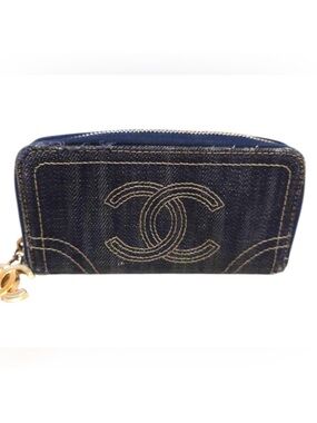 Chanel Denim Zip Around Zippy Wallet Rare CC Charm Coin Case Card Holder Mini